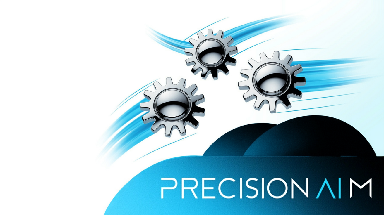 Three metallic gears with reflective surfaces connected by glowing blue lines, arranged in a triangular pattern on a white background.