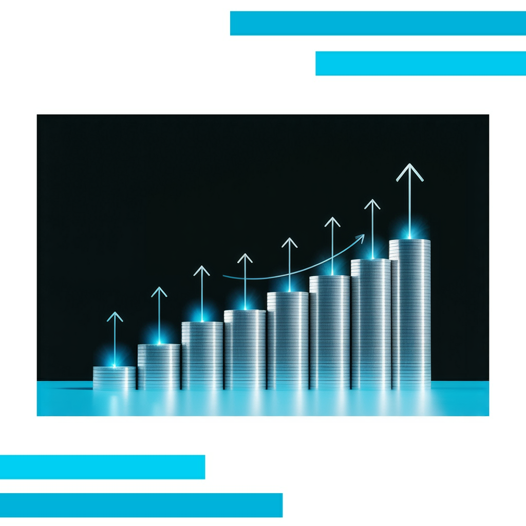 Ten silver coins stacked in a gentle upward curve, glowing blue with white arrows weaving between them on a white background.