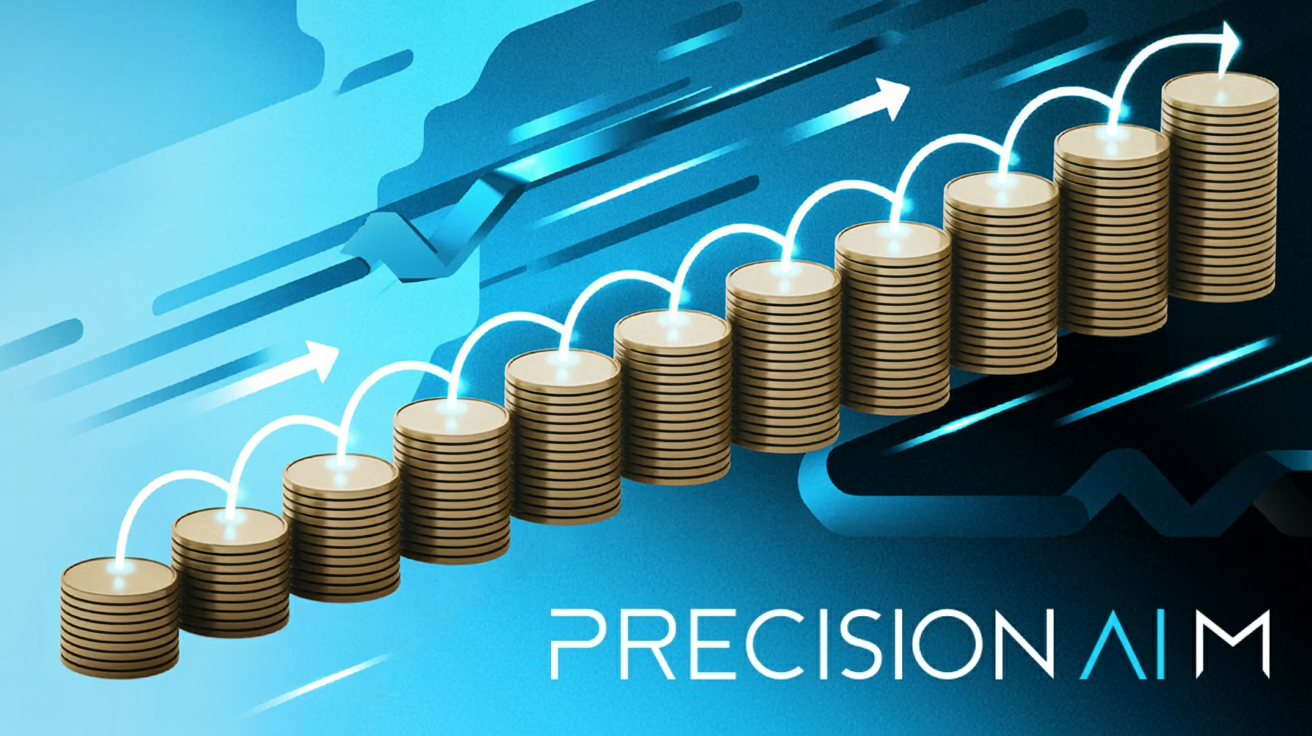 Ten metallic coins stacked in a rising staircase, connected by glowing blue lines and upward-moving arrows on a white background.