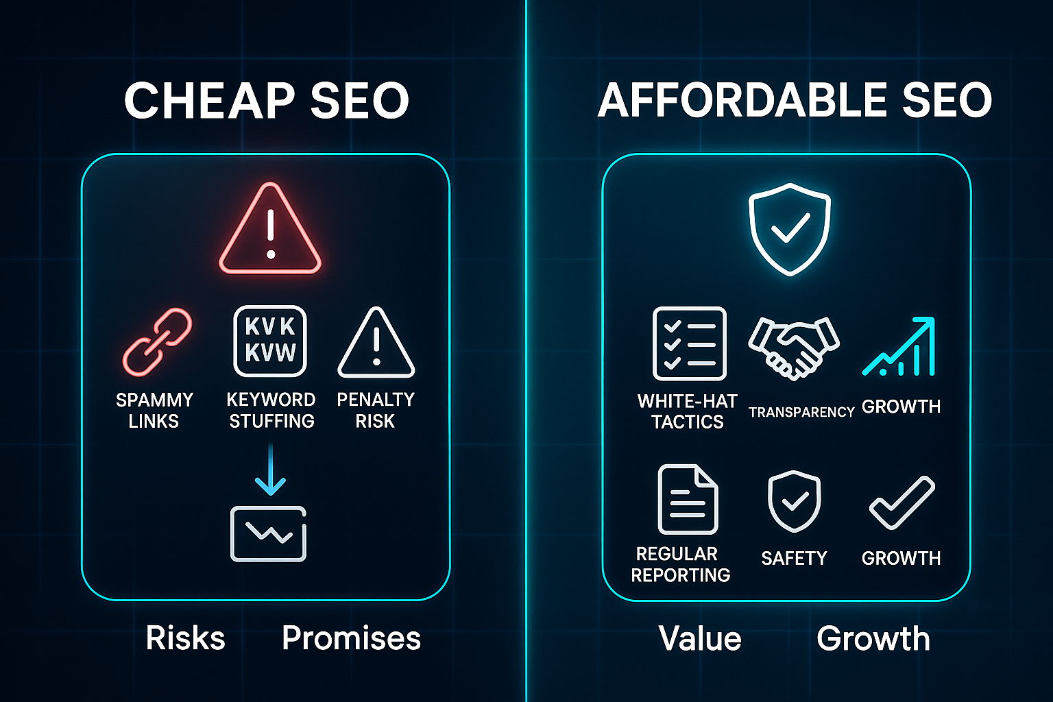Infographic comparing "Cheap SEO" risks with warning icons and "Affordable SEO" value with growth and safety icons.