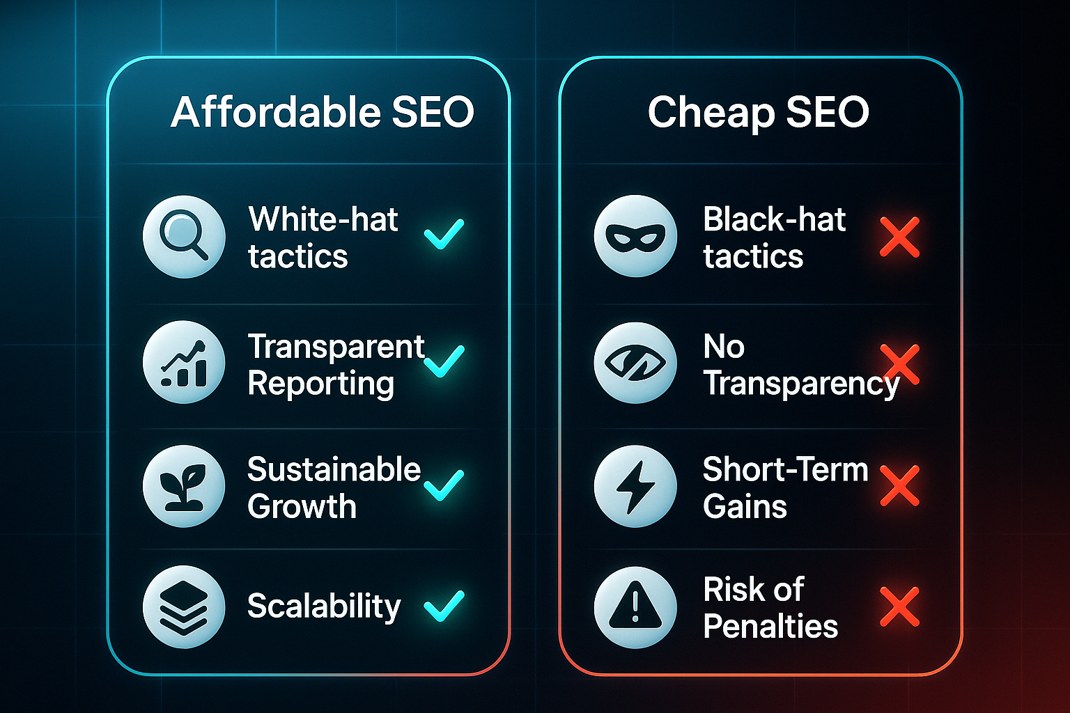 Infographic comparing Affordable SEO and Cheap SEO with icons and labeled pros and cons in two columns on a dark tech background.