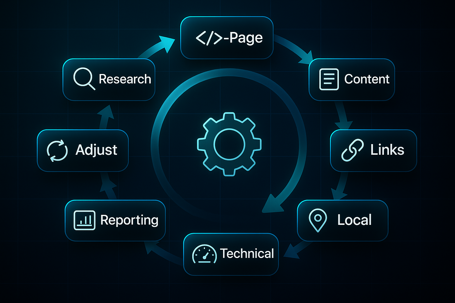 Futuristic infographic showing an eight-step SEO workflow loop with icons and labels, centered around a glowing gear icon.