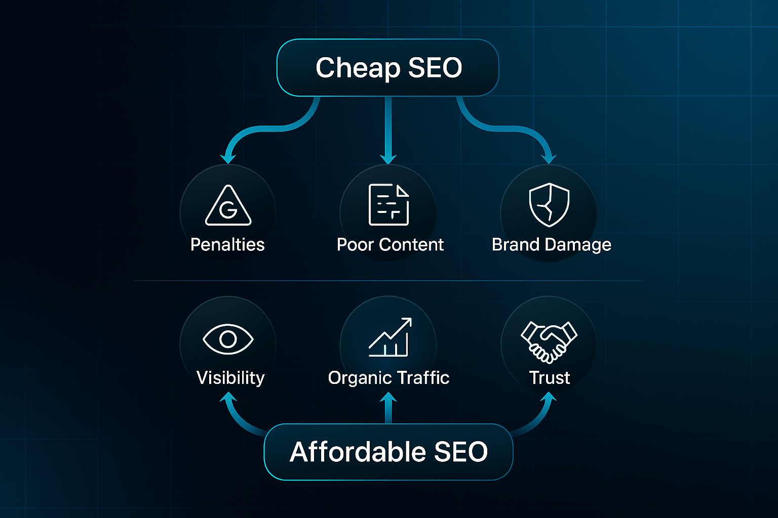 Infographic comparing 'Cheap SEO' risks—penalties, poor content, brand damage—with 'Affordable SEO' benefits—visibility, organic traffic, trust.