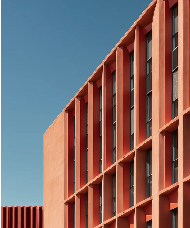 The corner of a terracotta-coloured residential building with tall ribbed windows against a clear sky