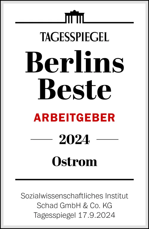 Ostrom Tagesspiegel Berlins Beste Arbeitgeber logo and certificate