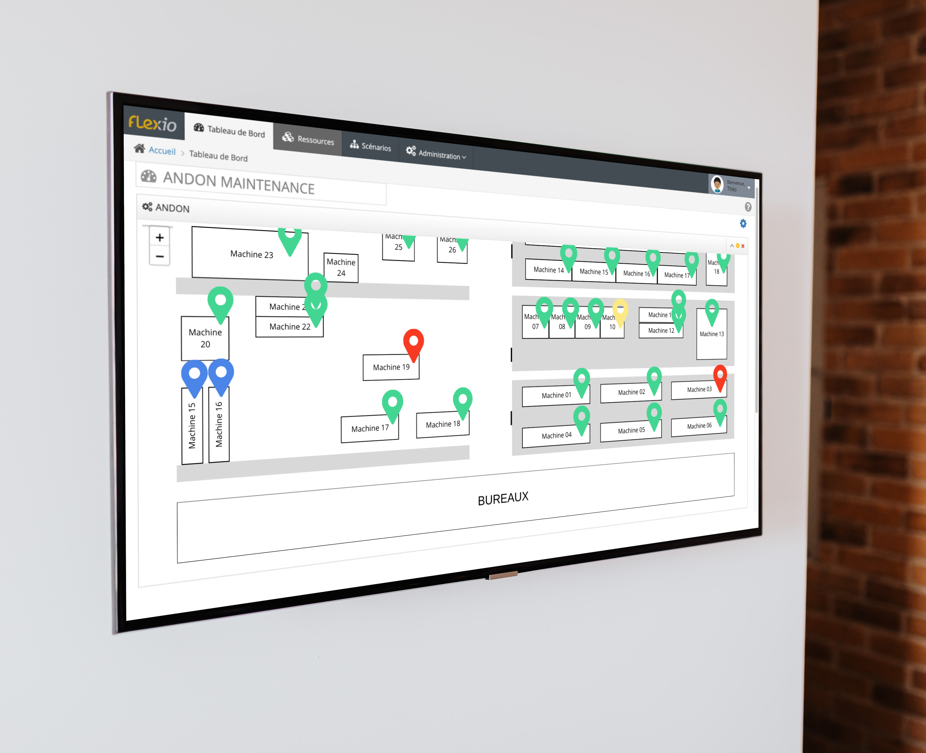 Tableau de bord Flexio avec cartographie de l'usine pour optimiser la maintenance en industrie.