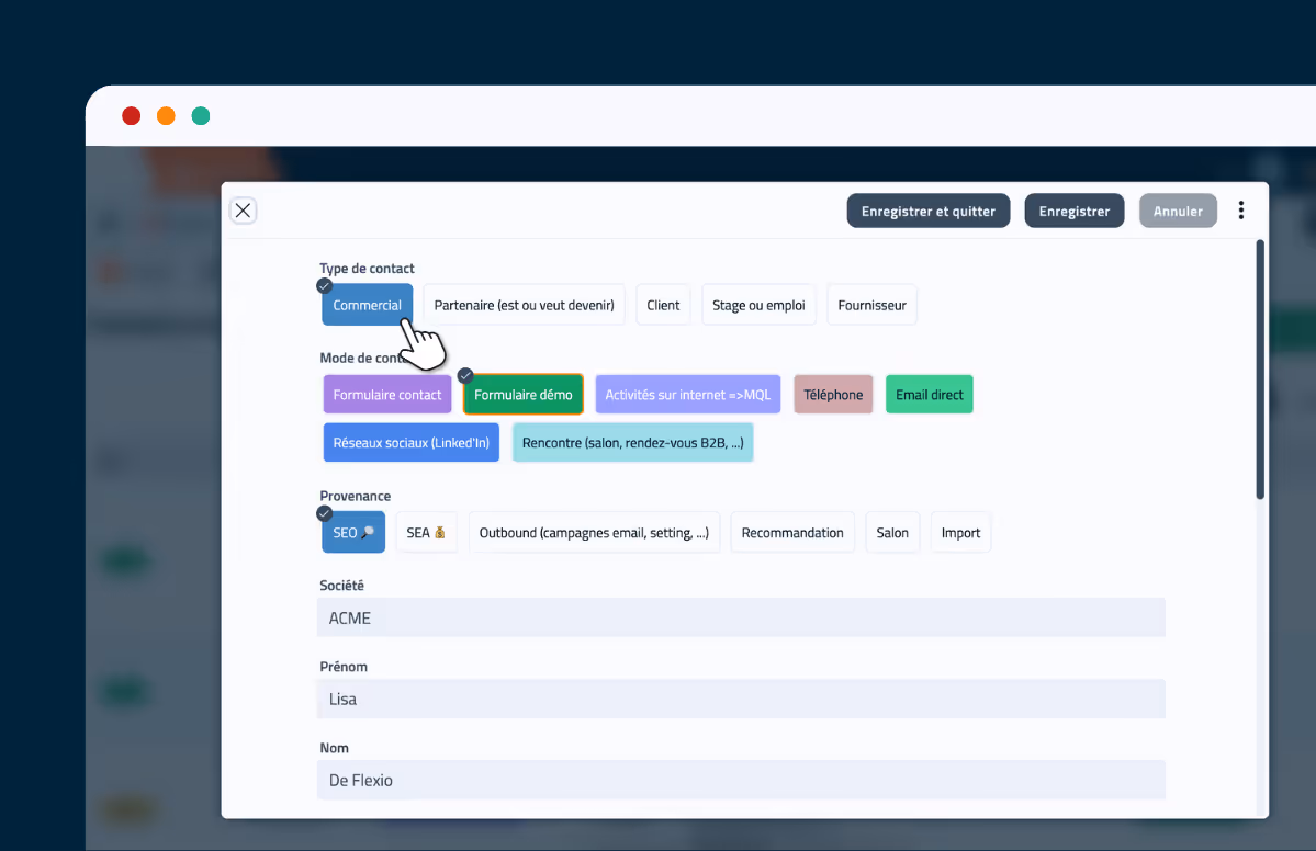 Visuel d'une fiche client sur un CRM créé sur Flexio 