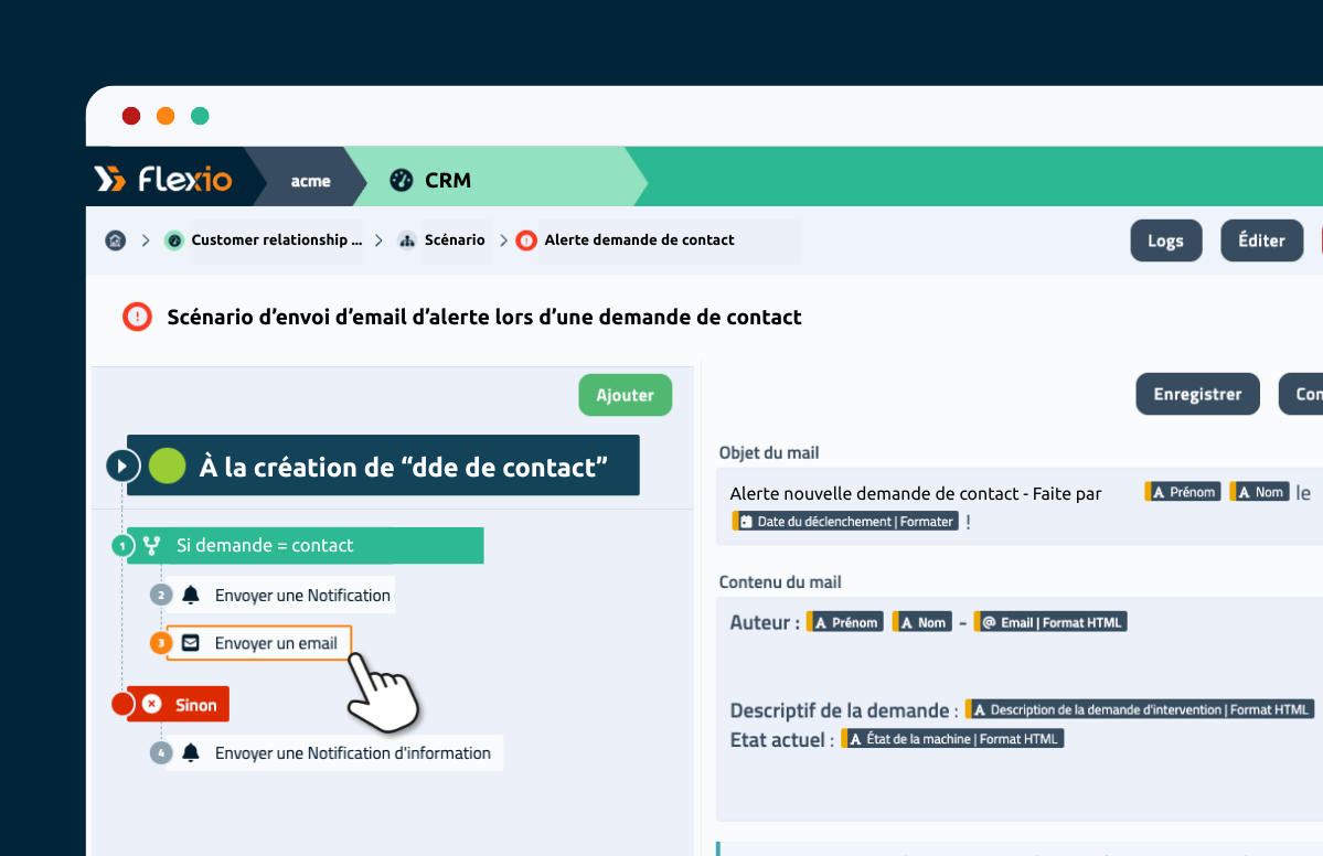 Visuel d'un scénario créé sur Flexio pour automatiser les notifications suite à une demande de contact (CRM)