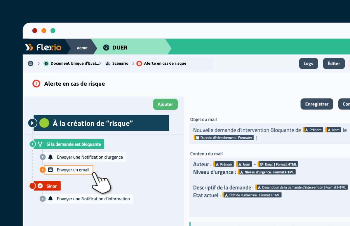 Scénario d'automatisation des notifications lié au DUER sur Flexio 