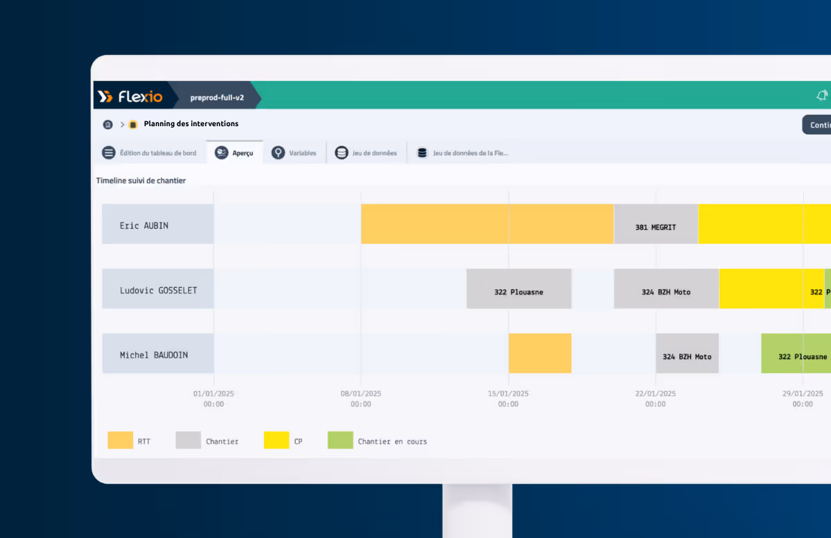 Interface Flexio gestion des temps par opérateur (maintenance, logiciel de gestion d'intervention)