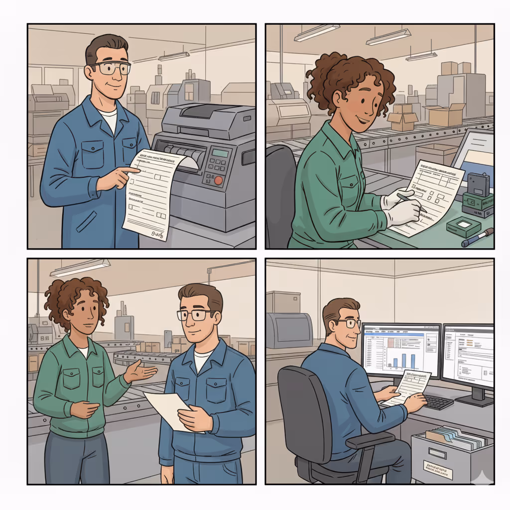 Bande dessinée qui représente le parcours d'une fiche suiveuse en production.