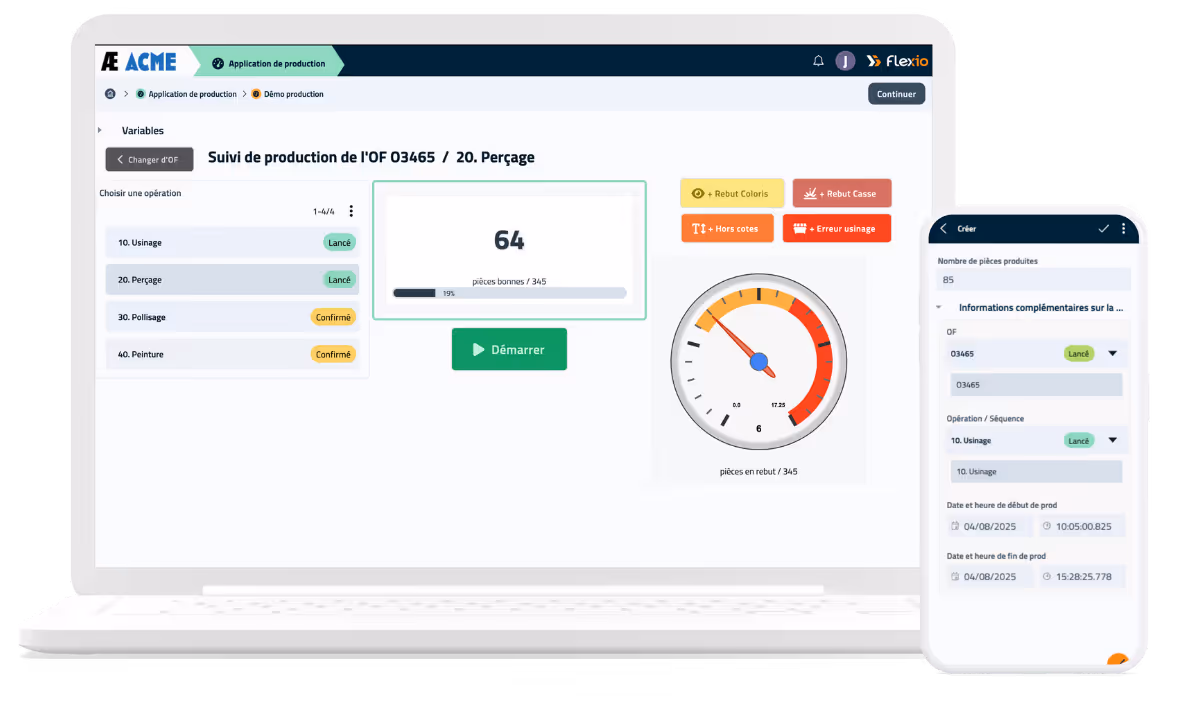 Écran Flexio qui représente le suivi de production en version ordinateur et mobile.