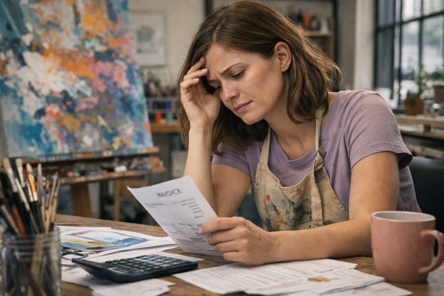 an artists is stressed while looking at unpaid bills