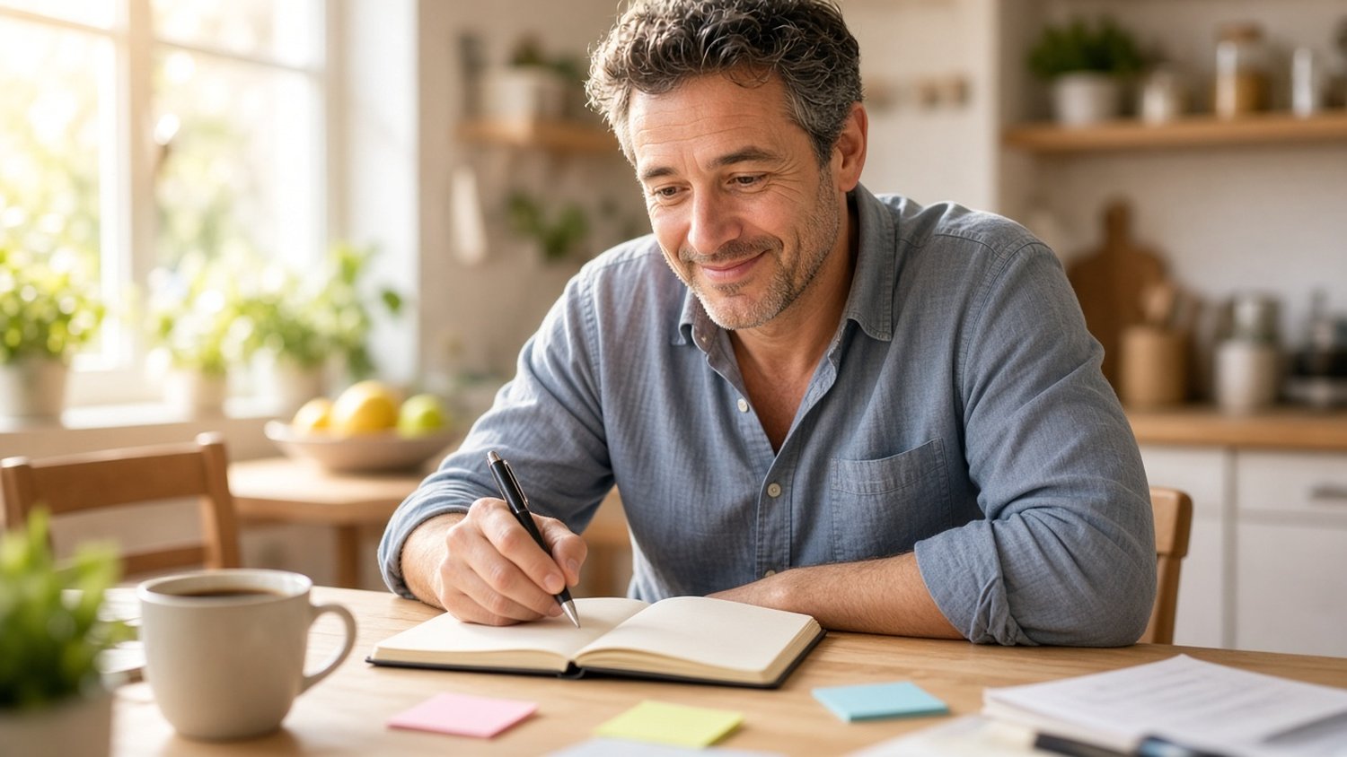 Smiling man writing in his work energy log at a sunny kitchen table