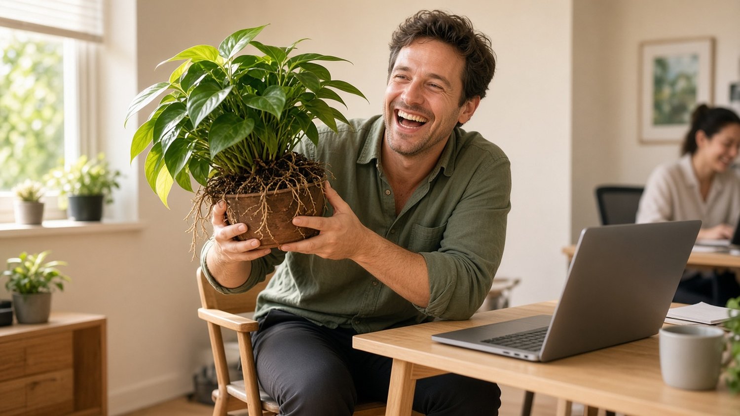 Laughing man holding a plant with roots bursting out of a small pot, like outgrowing your job