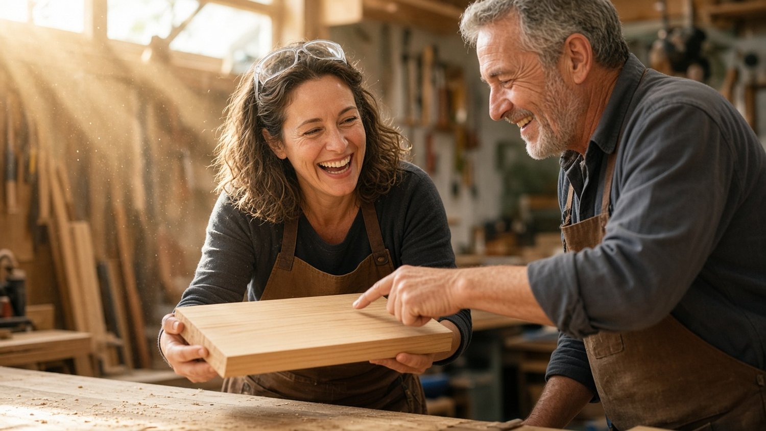 Laughing woman job shadowing a carpenter in a woodshop to test a new career