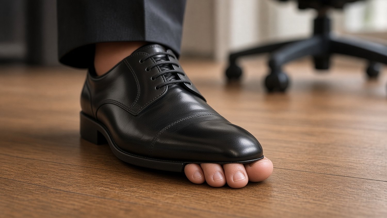 Toes poking out of a business shoe that is too small, like being in the wrong kind of work