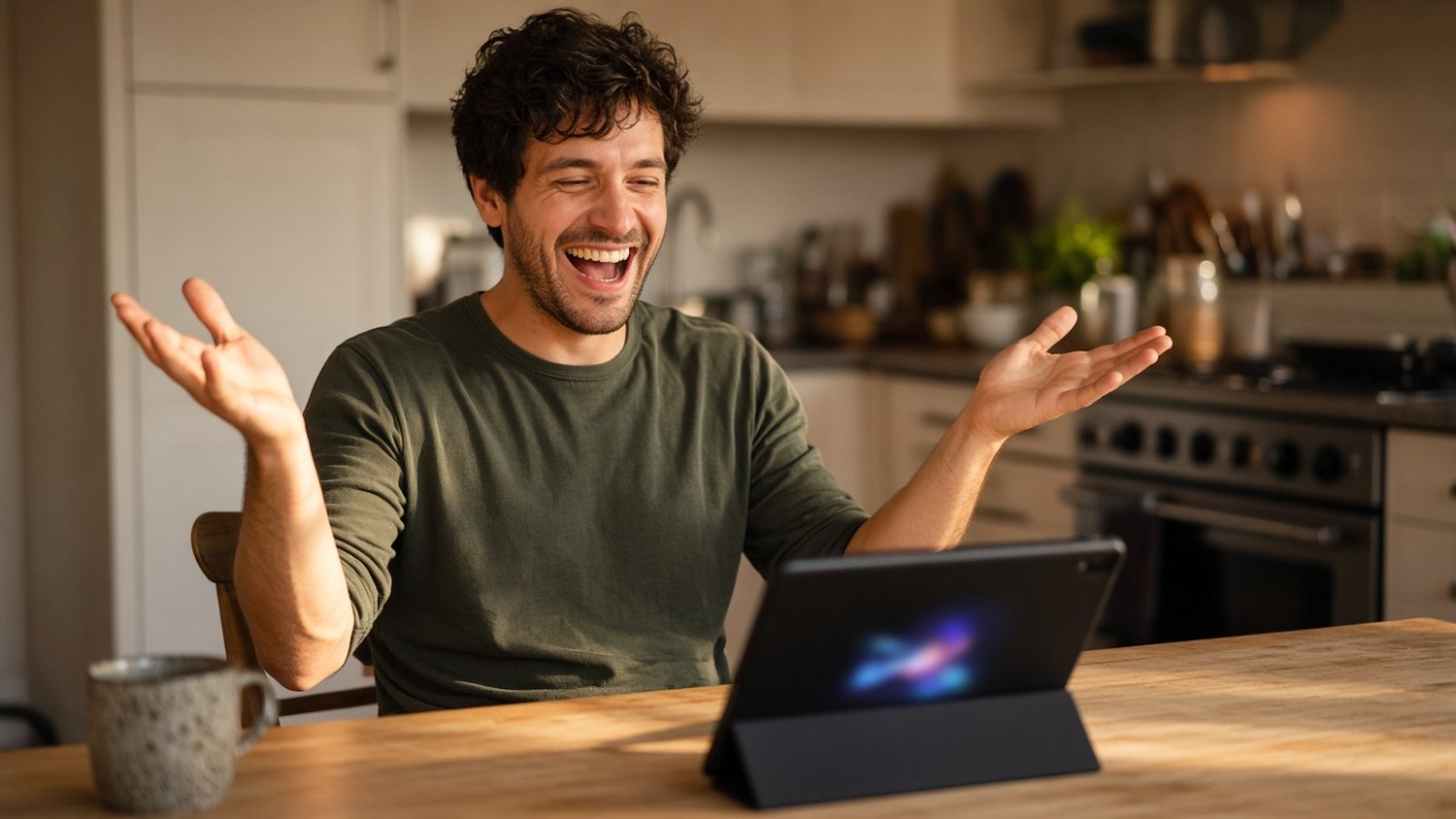 Man laughing at his career test result on a tablet in his kitchen