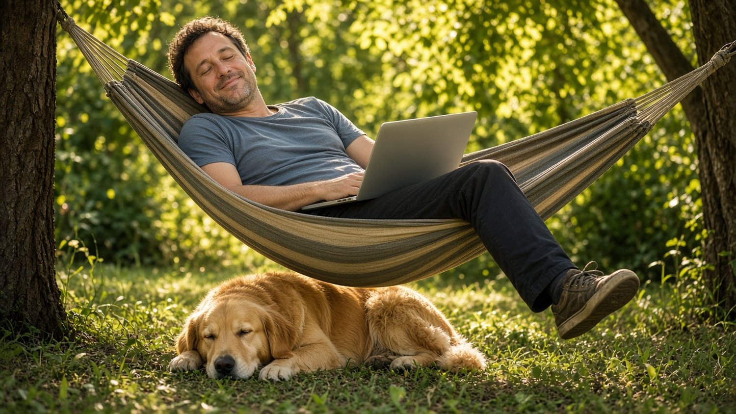 Smiling man resting in a hammock with a laptop on his lap while his dog naps, recharging before a career decision