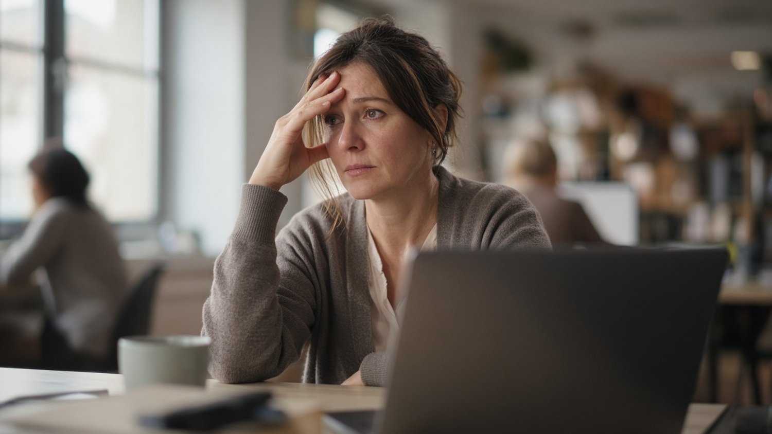 Worn-out woman at her office desk with her hand on her forehead, a common sign of job burnout
