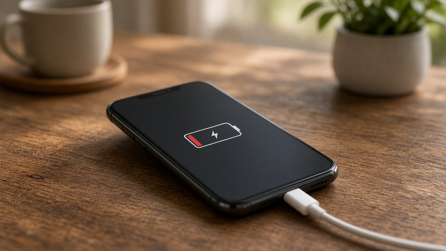 Close-up of a phone charging with an almost empty battery, like the low energy of burnout