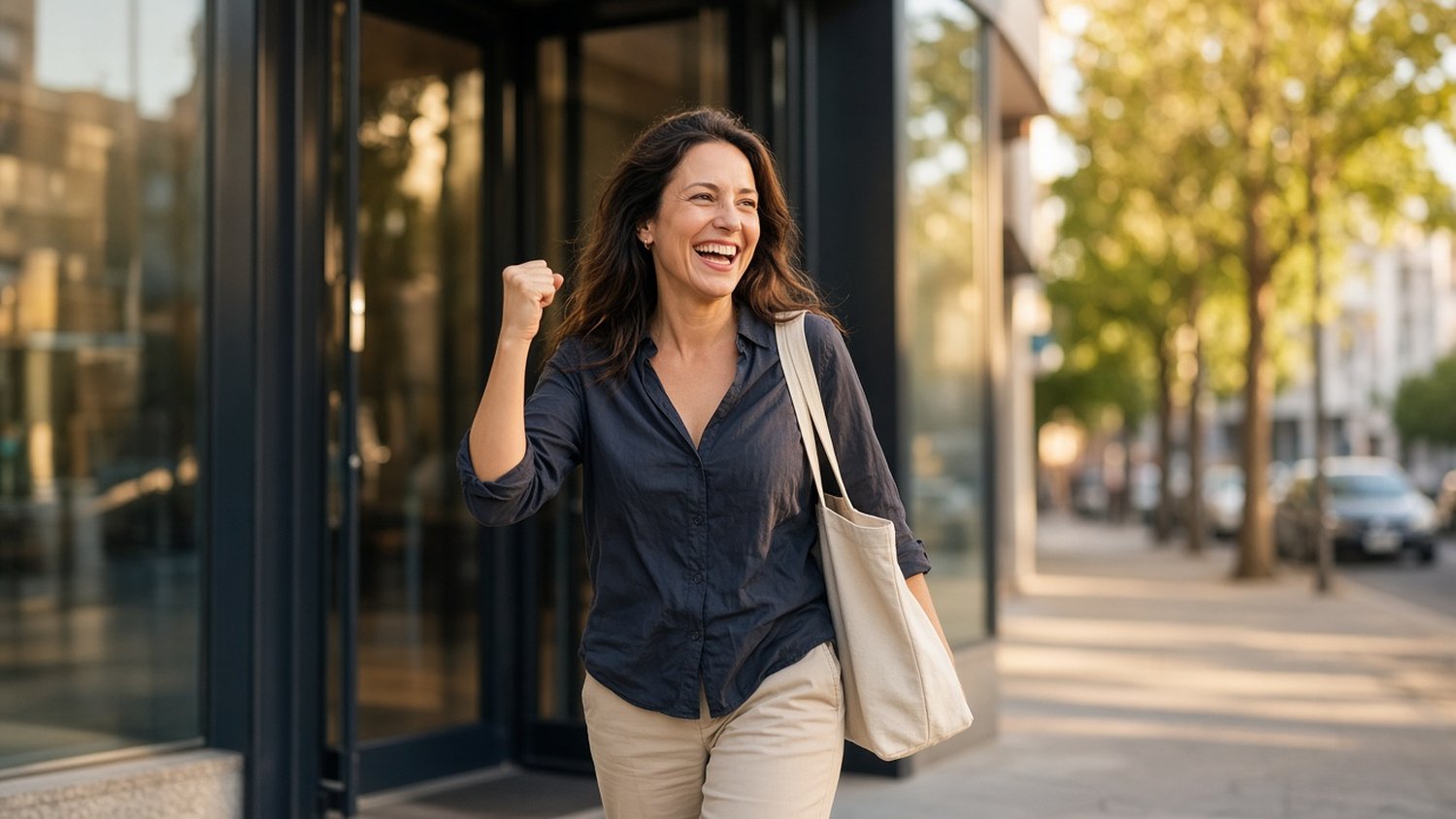Happy woman walking out of her office into the sun with a fist pump after choosing her next career step