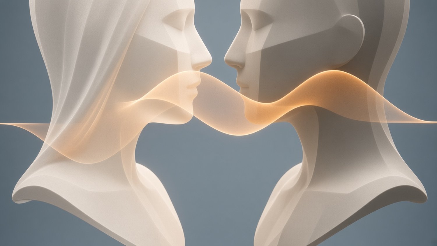 Two sculpted faces joined by a warm glowing ribbon