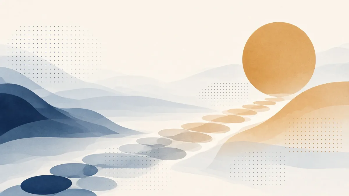 Abstract illustration of stepping stones leading toward an amber sun on the horizon