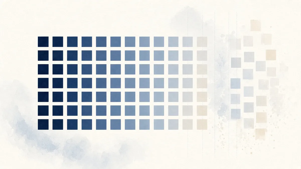 Abstract illustration of neat columns of blue squares, with faded squares set aside