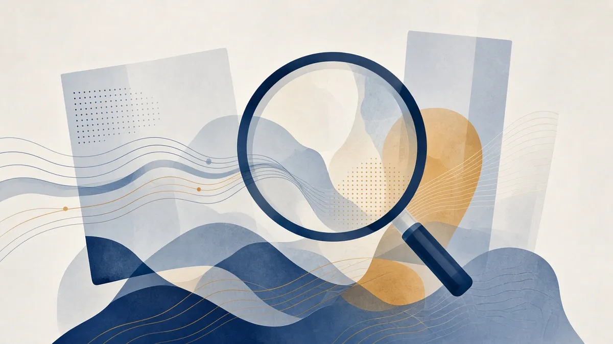 Abstract illustration of a magnifying lens over layered research panels