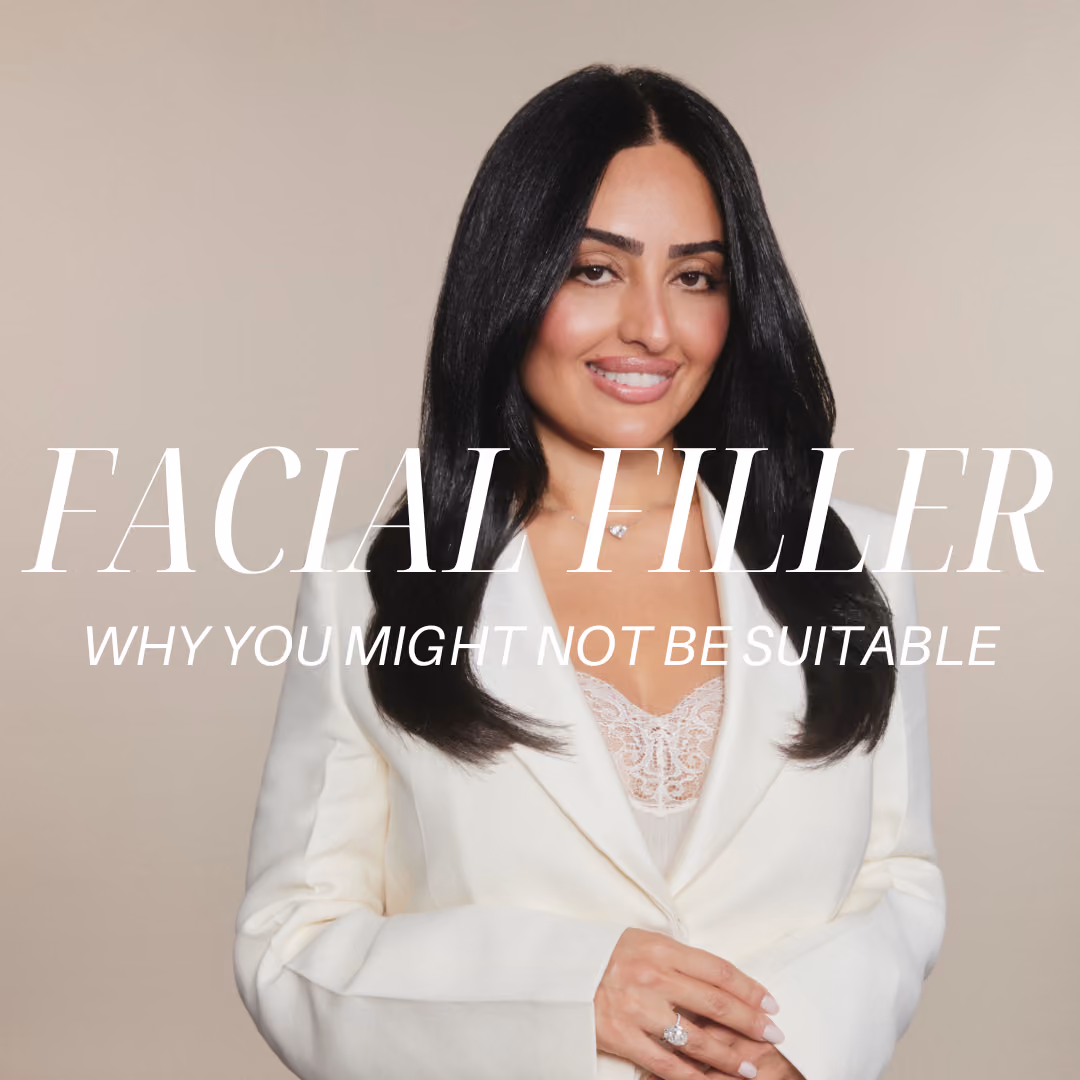 Smiling woman with long black hair in a white blazer, text reads 'Facial Filler: Why You Might Not Be Suitable.'