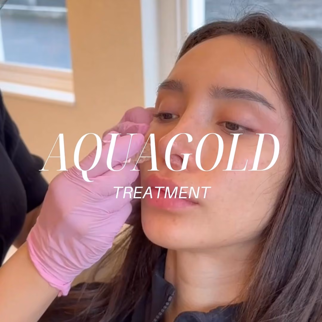 Person receiving Aquagold facial treatment with pink gloves on practitioner's hand.