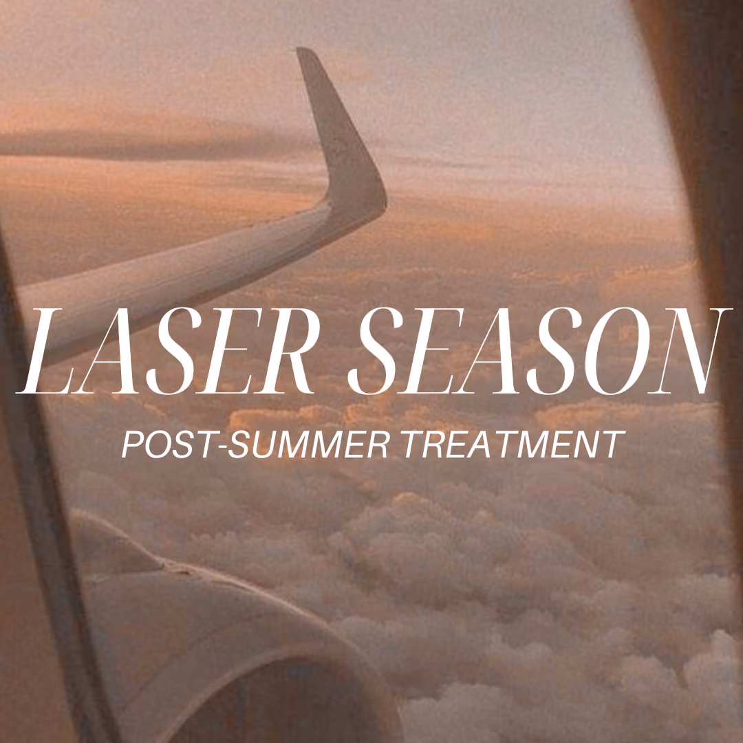View from airplane window showing wing, engine, and clouds at sunset with text 'LASER SEASON POST-SUMMER TREATMENT'.