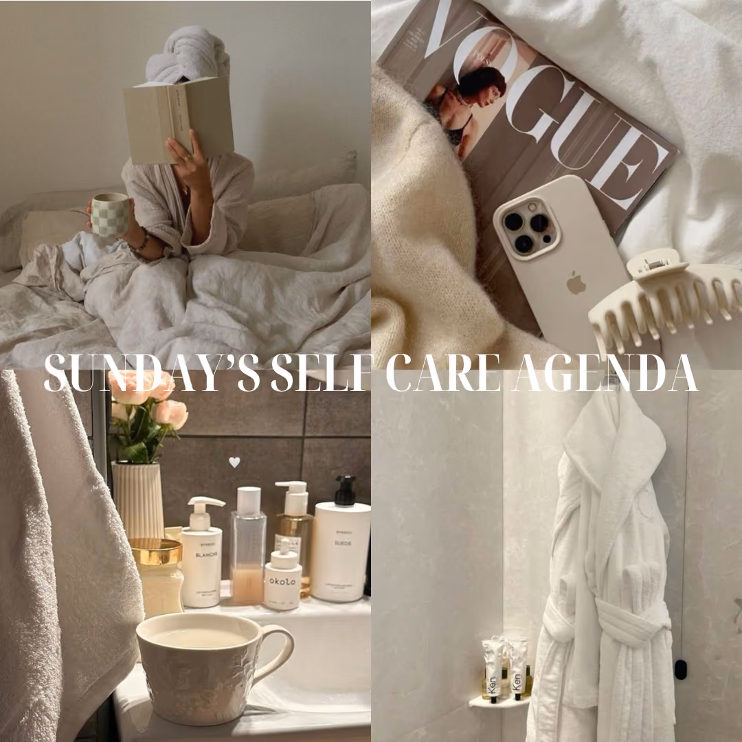 Collage of Sunday self-care scenes: person reading with tea, Vogue magazine, skincare products, and bathrobes.