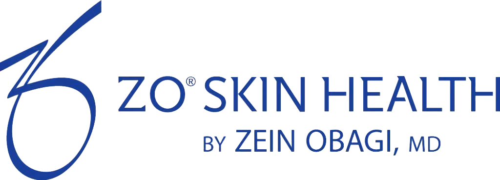 ZO Skin Health logo with text by Zein Obagi MD in blue font.