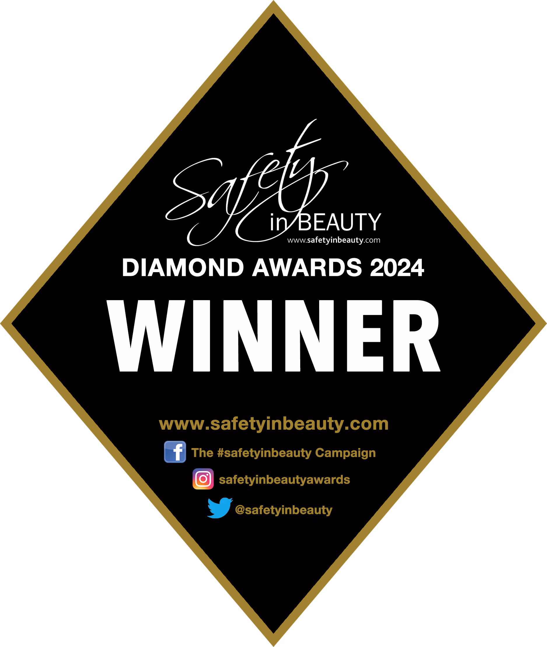 Safety In Beauty Diamond Awards 2024 Winner badge with website and social media handles.