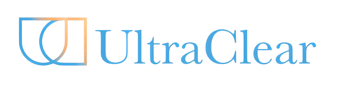 UltraClear logo with overlapping square and shield shapes in blue and orange gradient.
