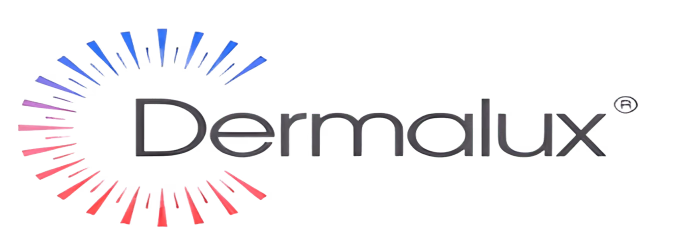 Dermalux logo with stylized circular rays in gradient blue to red colors around the letter D.