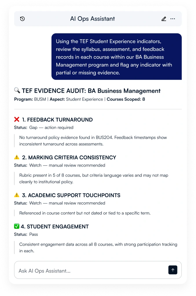 LearnWise AI Ops Assistant running a TEF audit inside the LMS