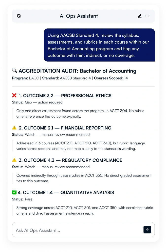 LearnWise AI Ops Assistant creating accreditation evidence reports