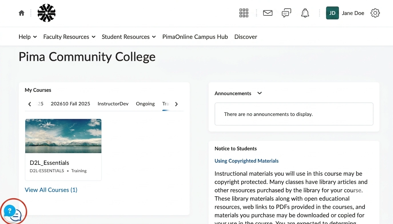 Pima Community College's Lumi Chat inside D2L Brightspace