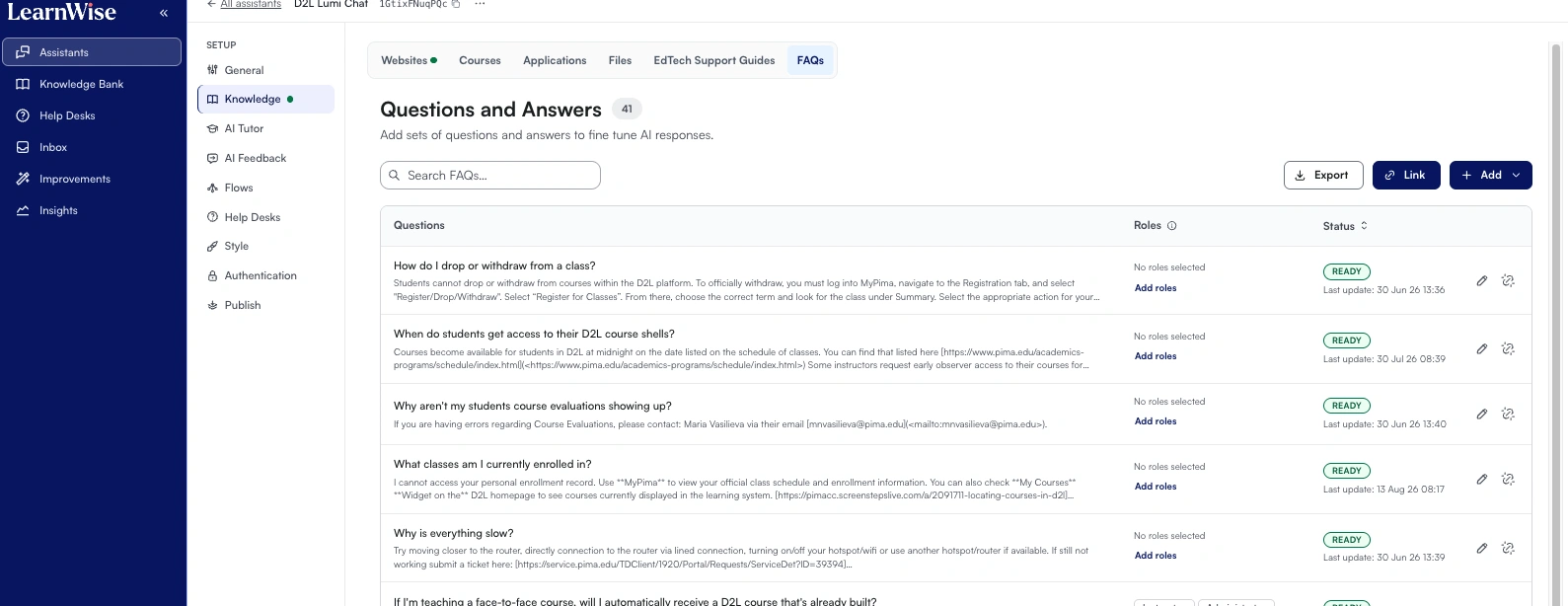 Pima Community College's FAQs inside LearnWise AI Admin Dashboard for Lumi Chat