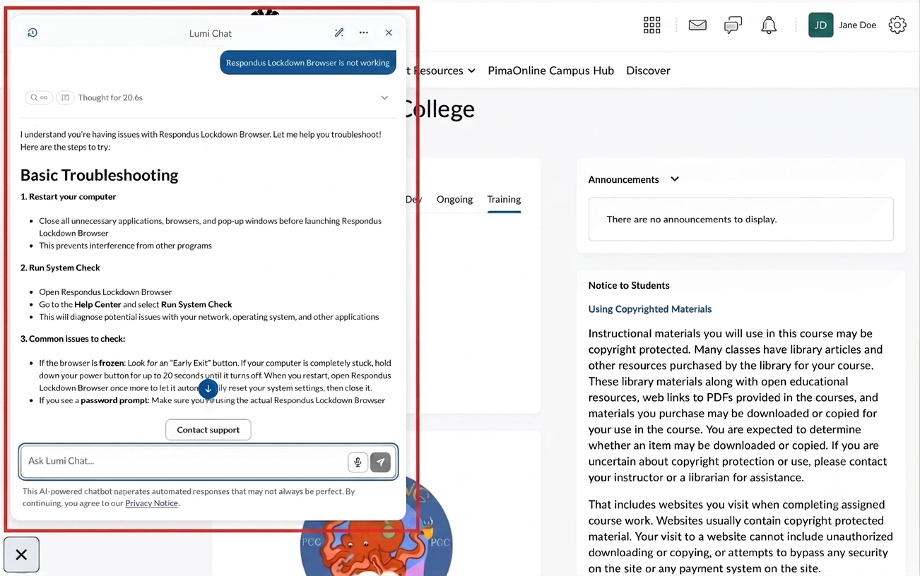 Pima Community College's Lumi Chat troubleshooting edtech inside D2L Brightspace