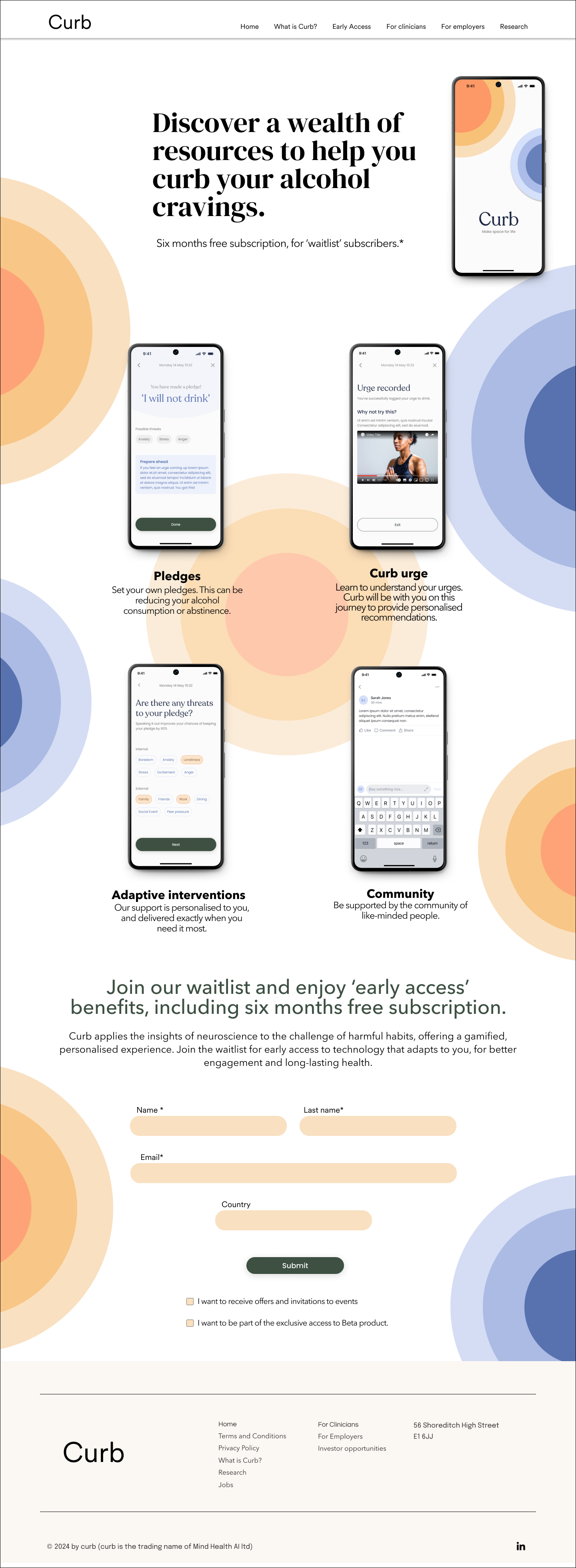 Curb website showing a clear structure in a white background and some app mockups floating in the webpage.