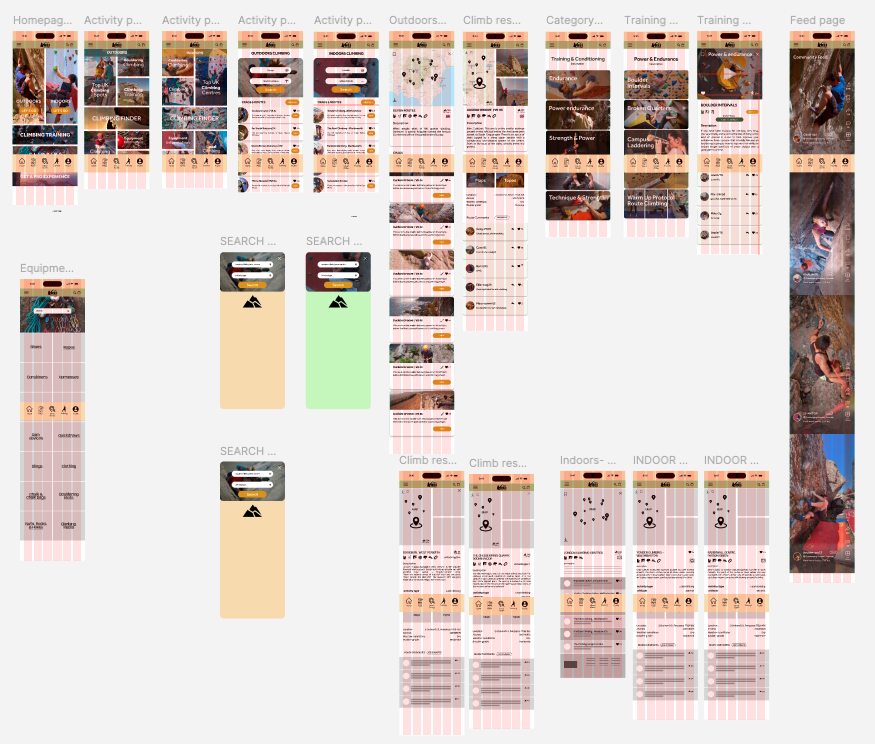 High fidelity wireframes of the climbing app
