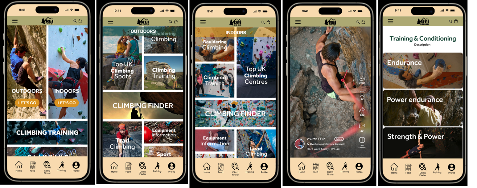 Design mock-ups aligned on the side showing 4 screens