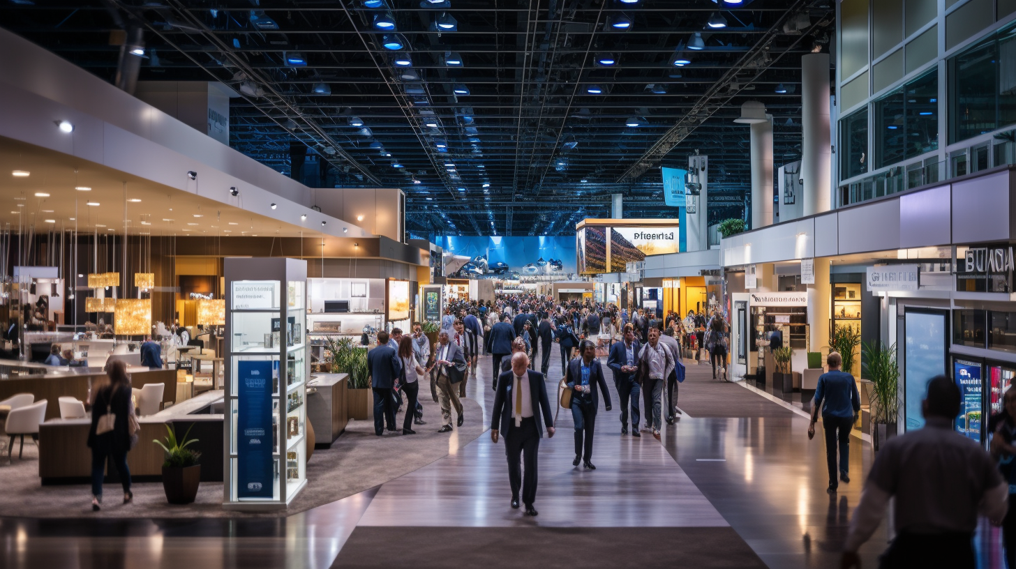 A photo of a very busy trade show floor filled with diverse attendees in business attire moving quickly between numerous vendor booths.