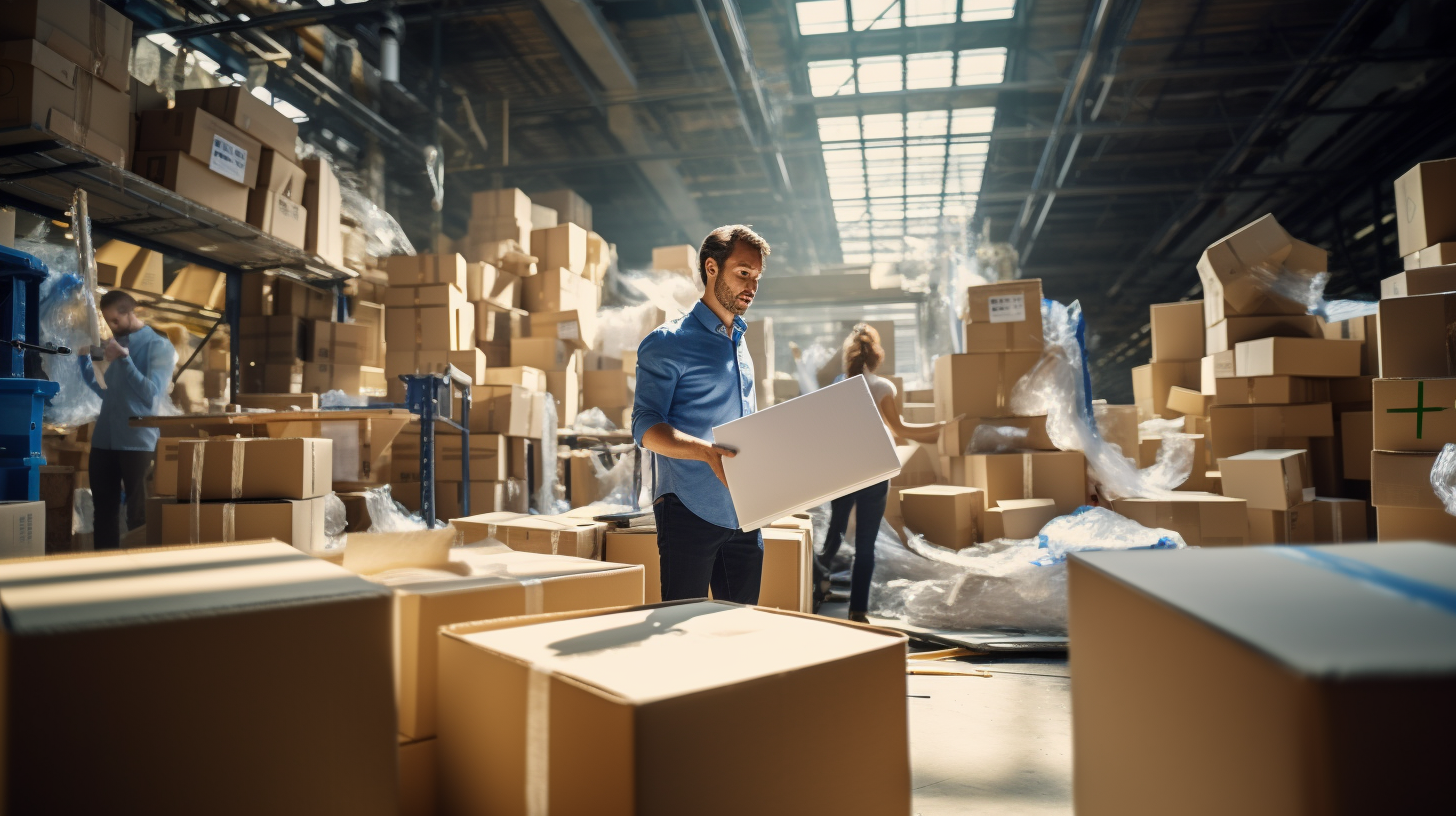 A photo of a supply chain manager or procurement specialist navigating a large, busy warehouse filled with numerous cardboard boxes.