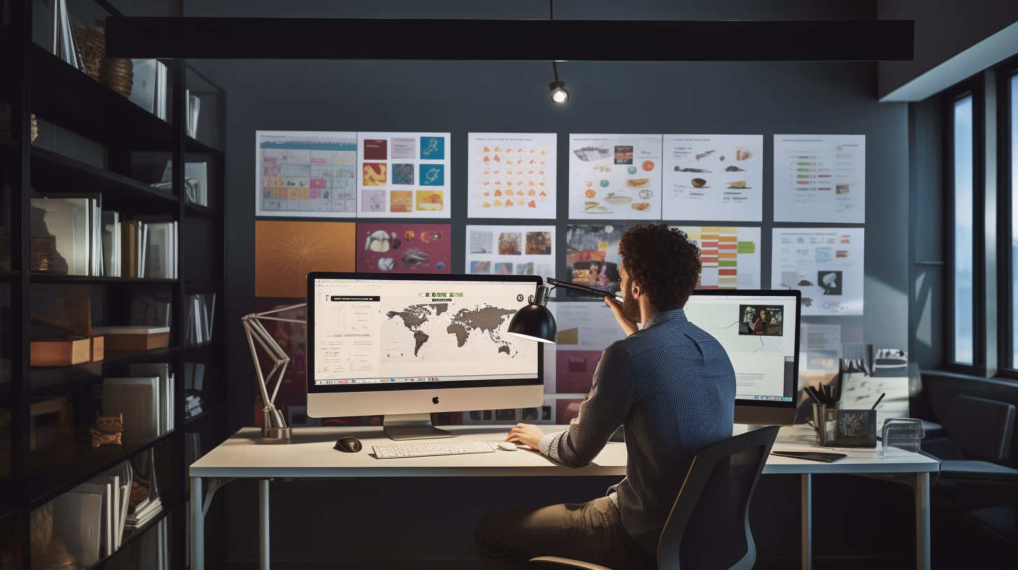 A photo of a marketer or designer working at a computer in a modern office, surrounded by various visual assets and design ideas displayed on a wall, representing content creation or strategic planning.