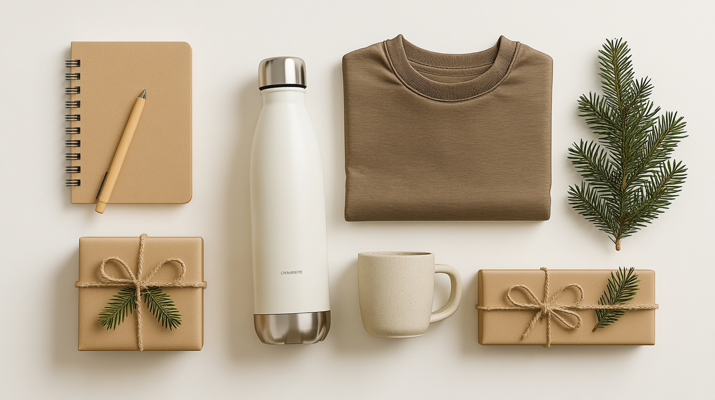 Flat lay of eco-friendly holiday gift items including a water bottle, ceramic mug, spiral notebook, and wrapped kraft gift boxes with evergreen accents, arranged on a white background with soft lighting.